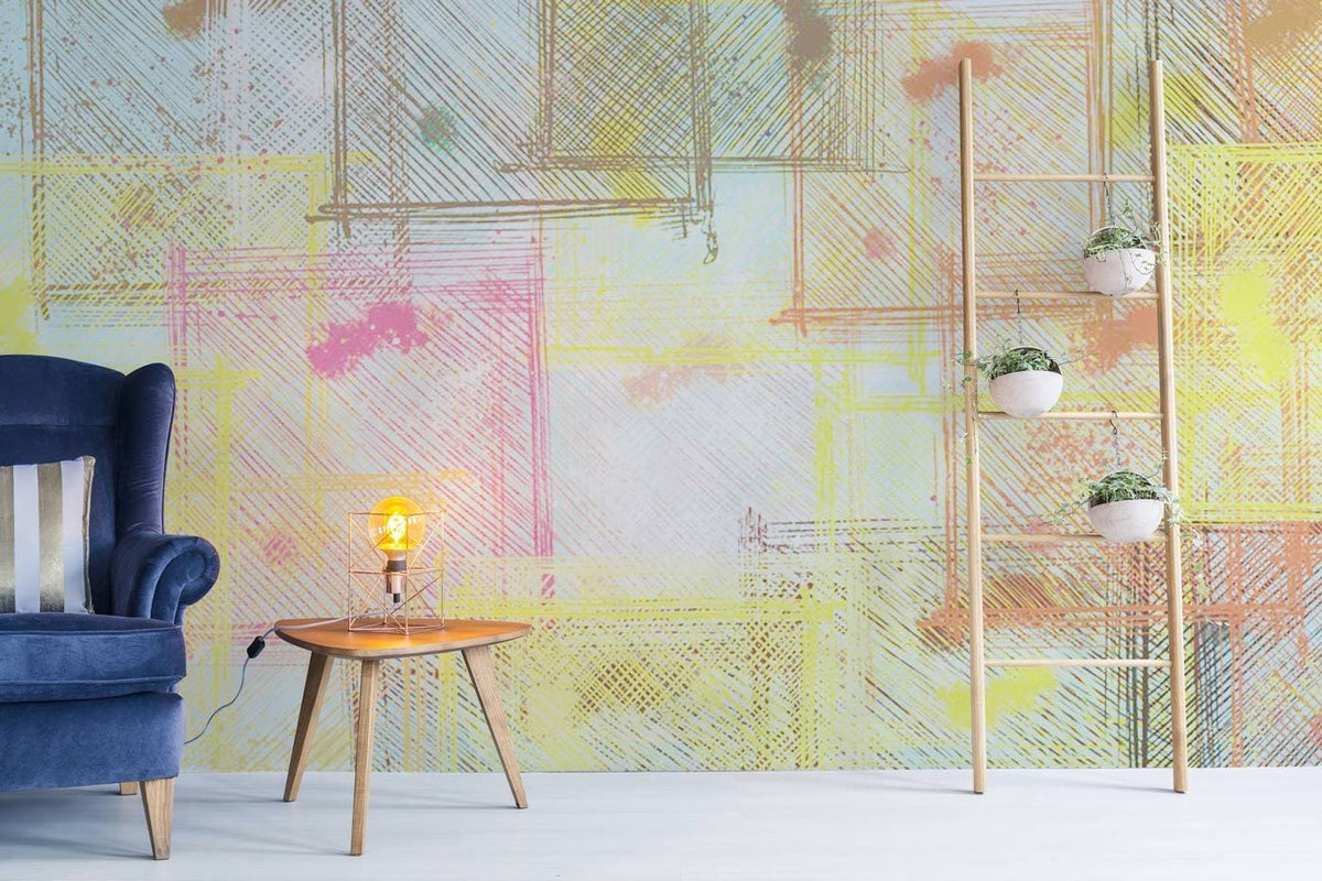 Vibrant abstract geometric mural wallpaper with blue armchair, light wood flooring, artistic room decor.
