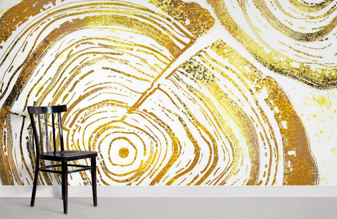 Golden Ring sophisticated wallpaper with tree trunk print, black chair, grey flooring in stylish interior.