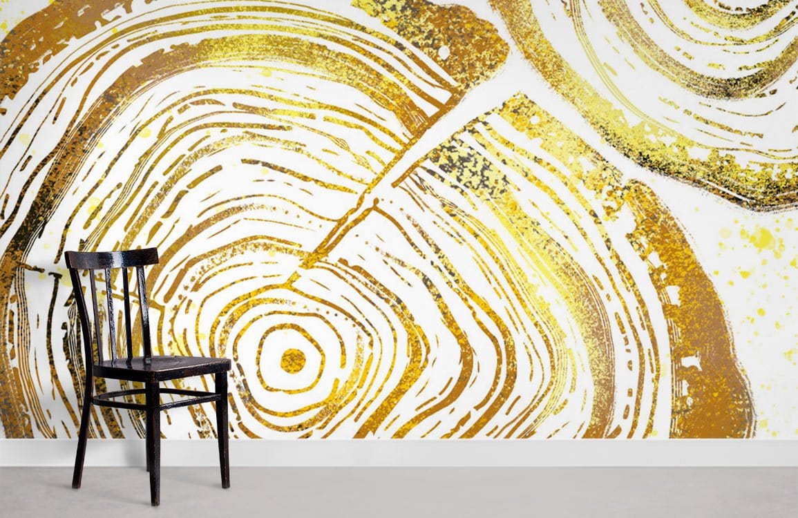 Golden Ring sophisticated wallpaper with tree trunk print, black chair, grey flooring in stylish interior.
