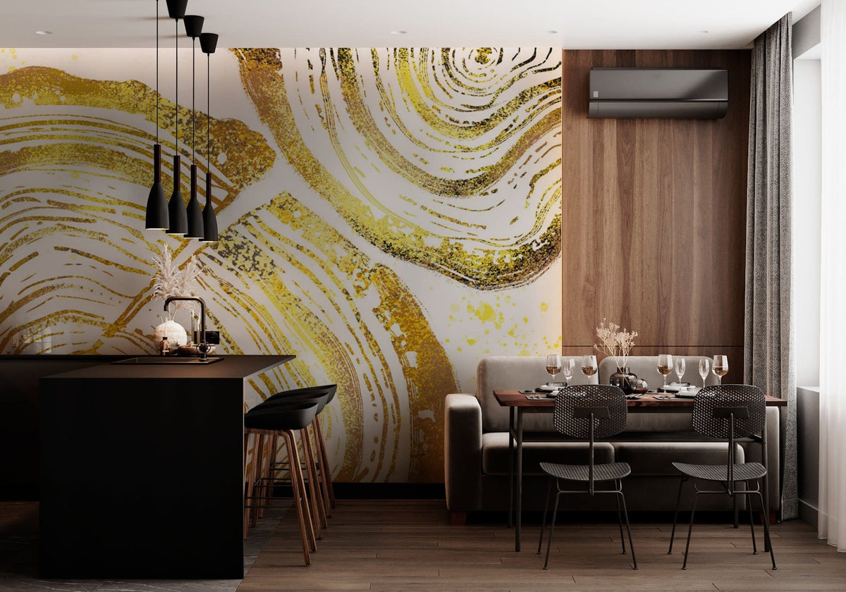 Golden Ring tree trunk wallpaper in dining room with grey sofa, wooden table, modern black chairs.