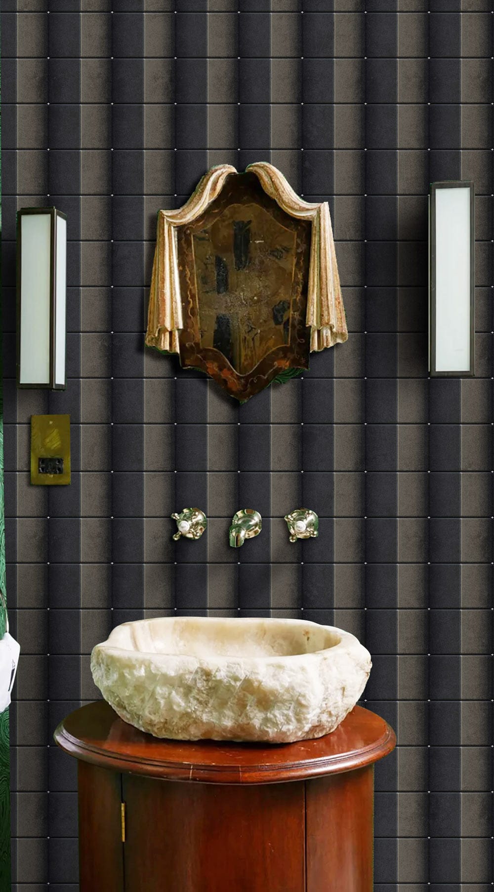 Modern Charcoal Vertical Stripe Textured Wallpaper with stone basin, wooden stand, and wall sconces.