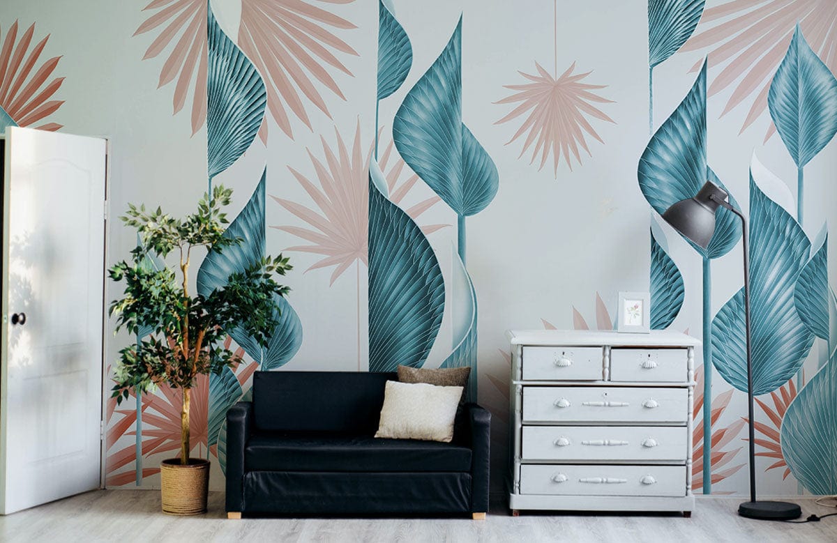 Tropical wallpaper with blue and coral leaves, modern botanical design, black sofa, white dresser, lamp.