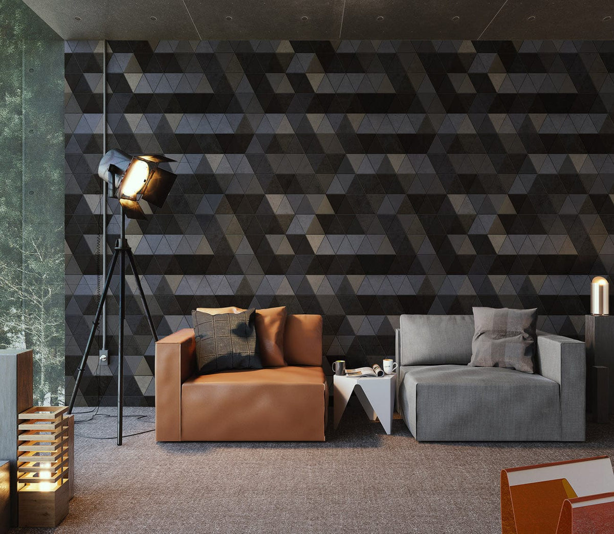 Geometric hexagon wallpaper, grey and black, modern living room with brown and grey sofas, spotlight lamp.