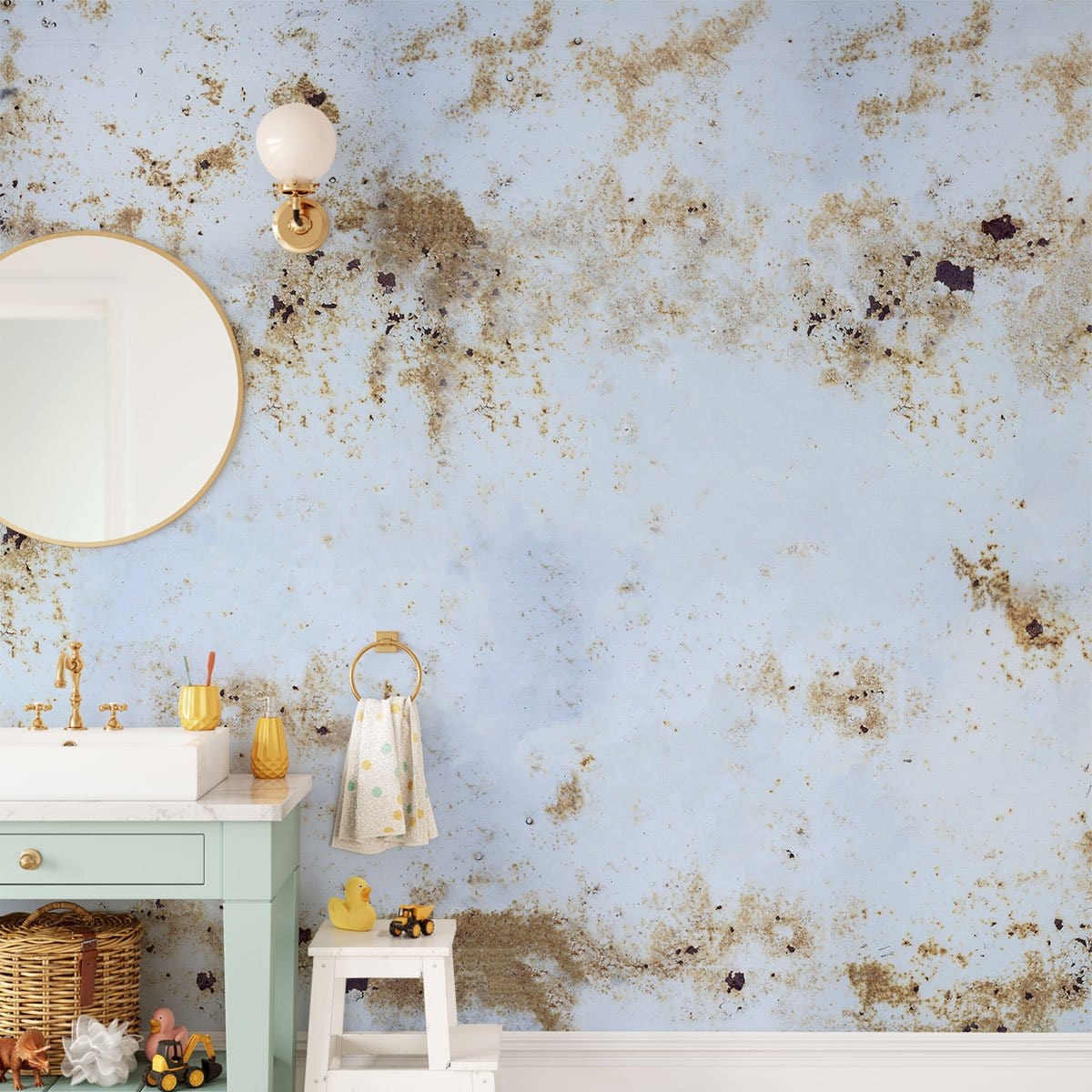 Vintage distressed gold marble wallpaper with light blue tint, featuring vanity, mirror, and bathroom setting.