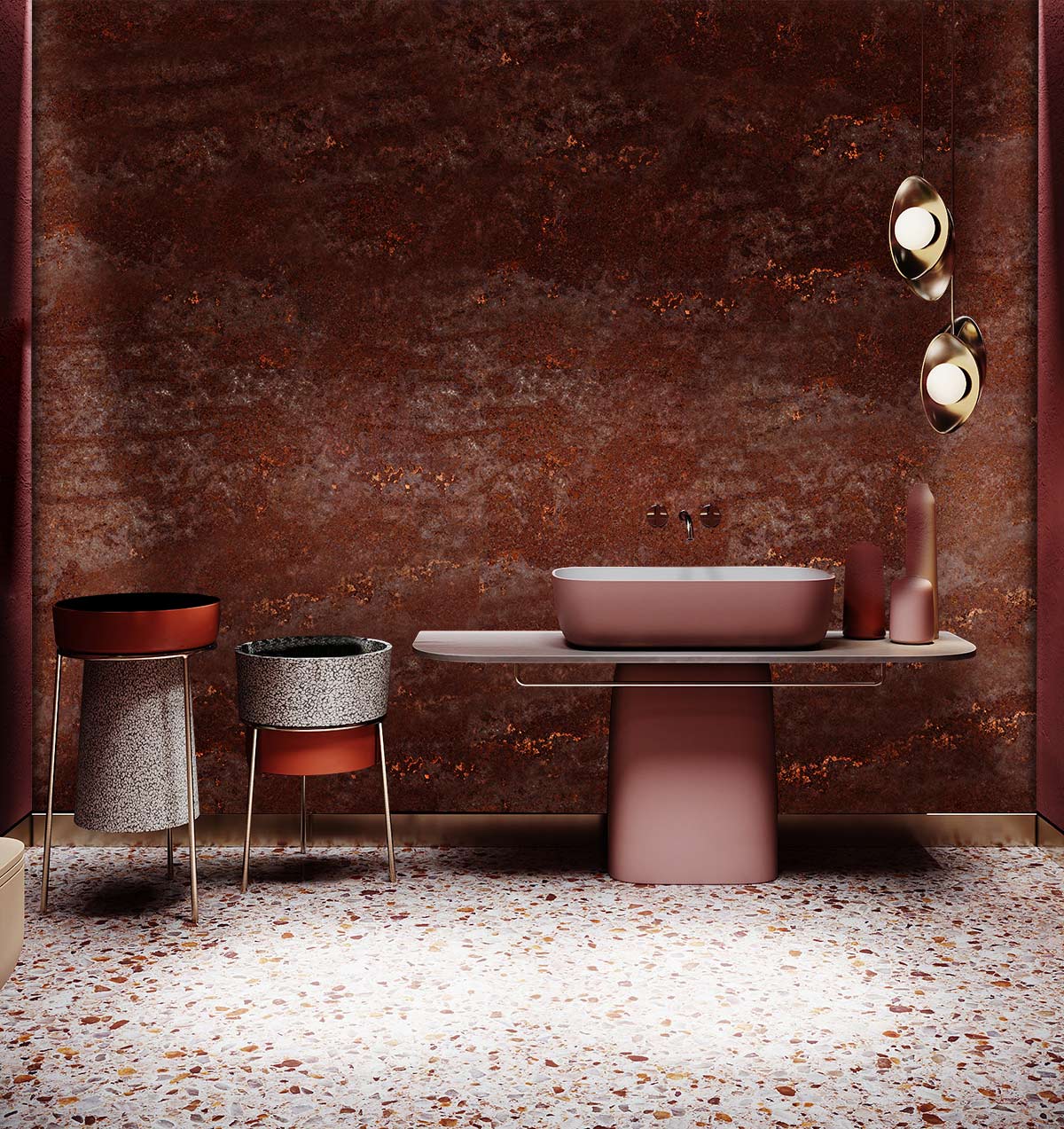 Rustic earthy tones textured brown wallpaper, modern bathroom interior styling with terrazzo flooring, artistic lighting.