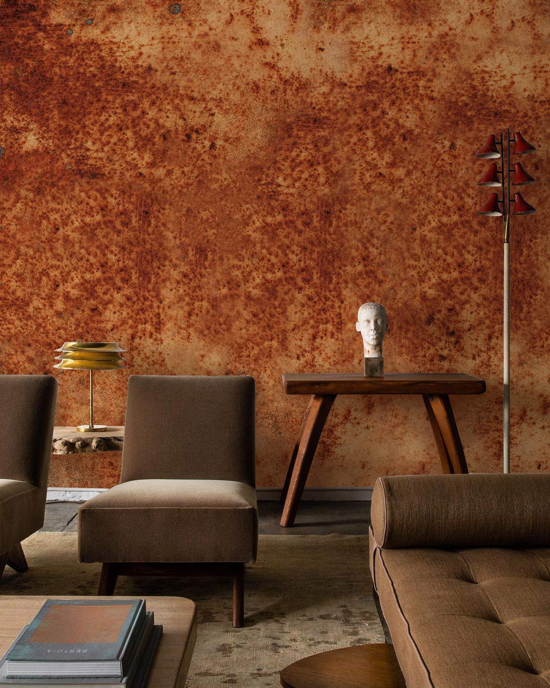 Vintage Rust Effect Industrial Mural Wallpaper in stylish interior, featuring brown chairs and wooden table.