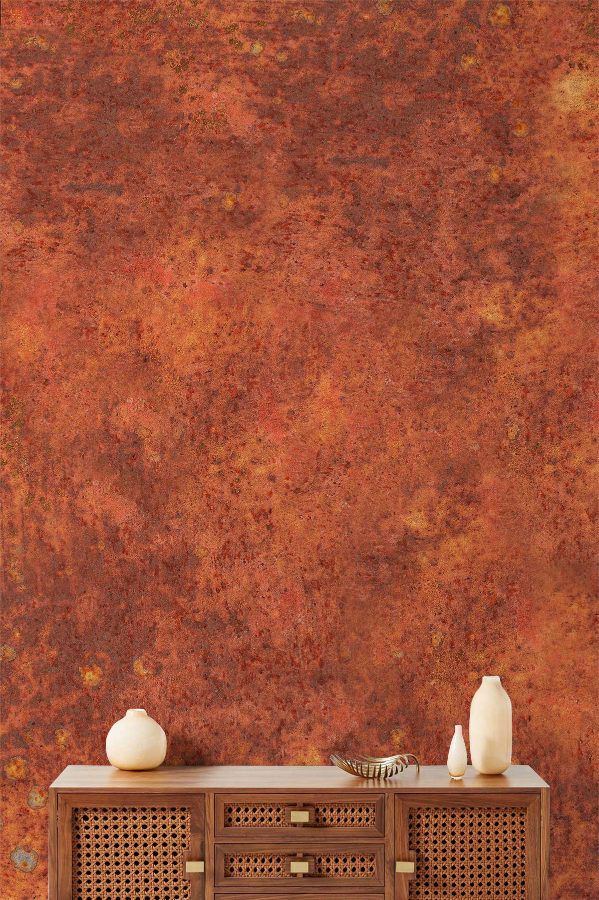 Rustic Burnt Orange Textured Pattern Wallpaper, wooden sideboard, decorative vases, cosy living space.