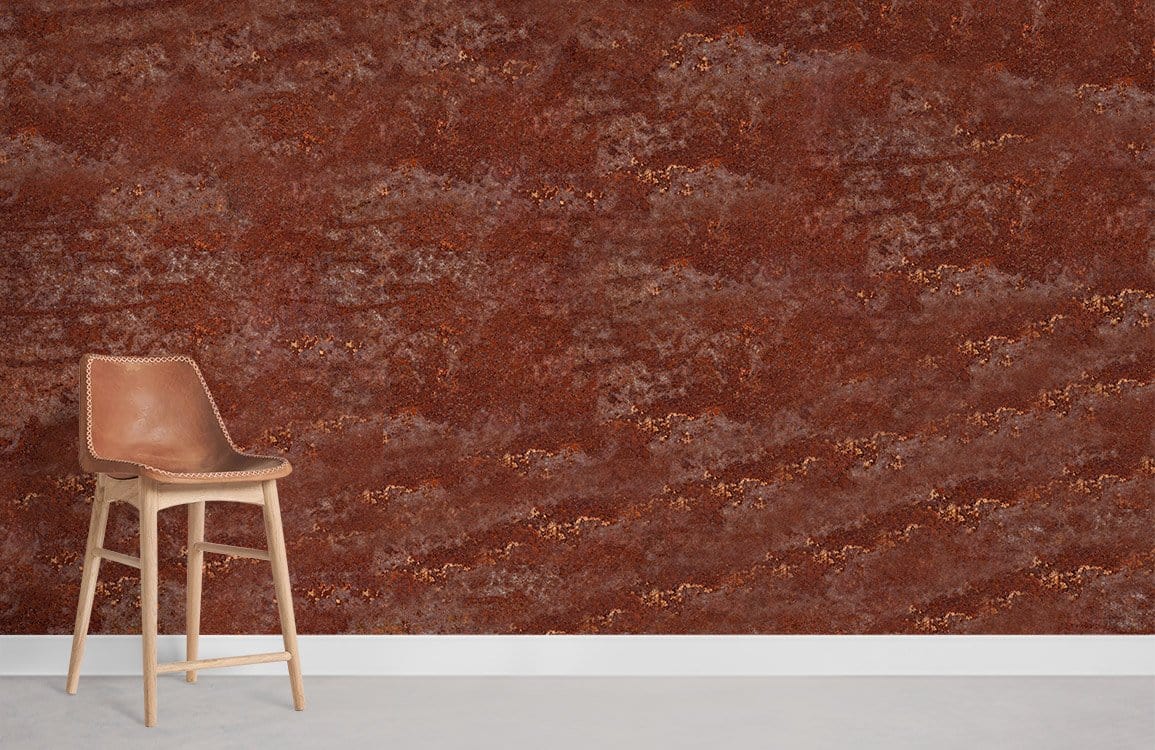 Rustic earthy tones textured brown wallpaper with wooden stool and grey flooring in living room.
