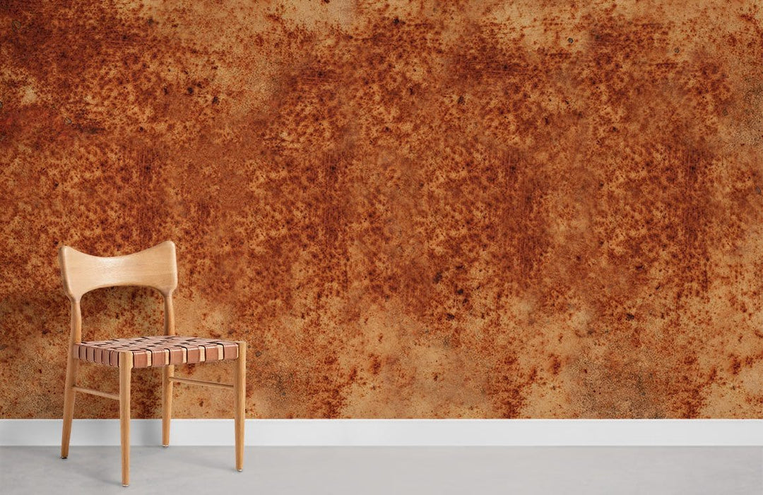 Vintage Rust Effect Textured Brown Wallpaper with Wooden Chair, Perfect for Stylish Industrial Interiors.