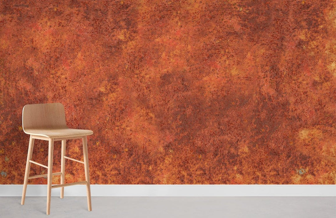 Rustic burnt orange textured mural wallpaper, minimal wooden chair, cosy space, modern neutral flooring.