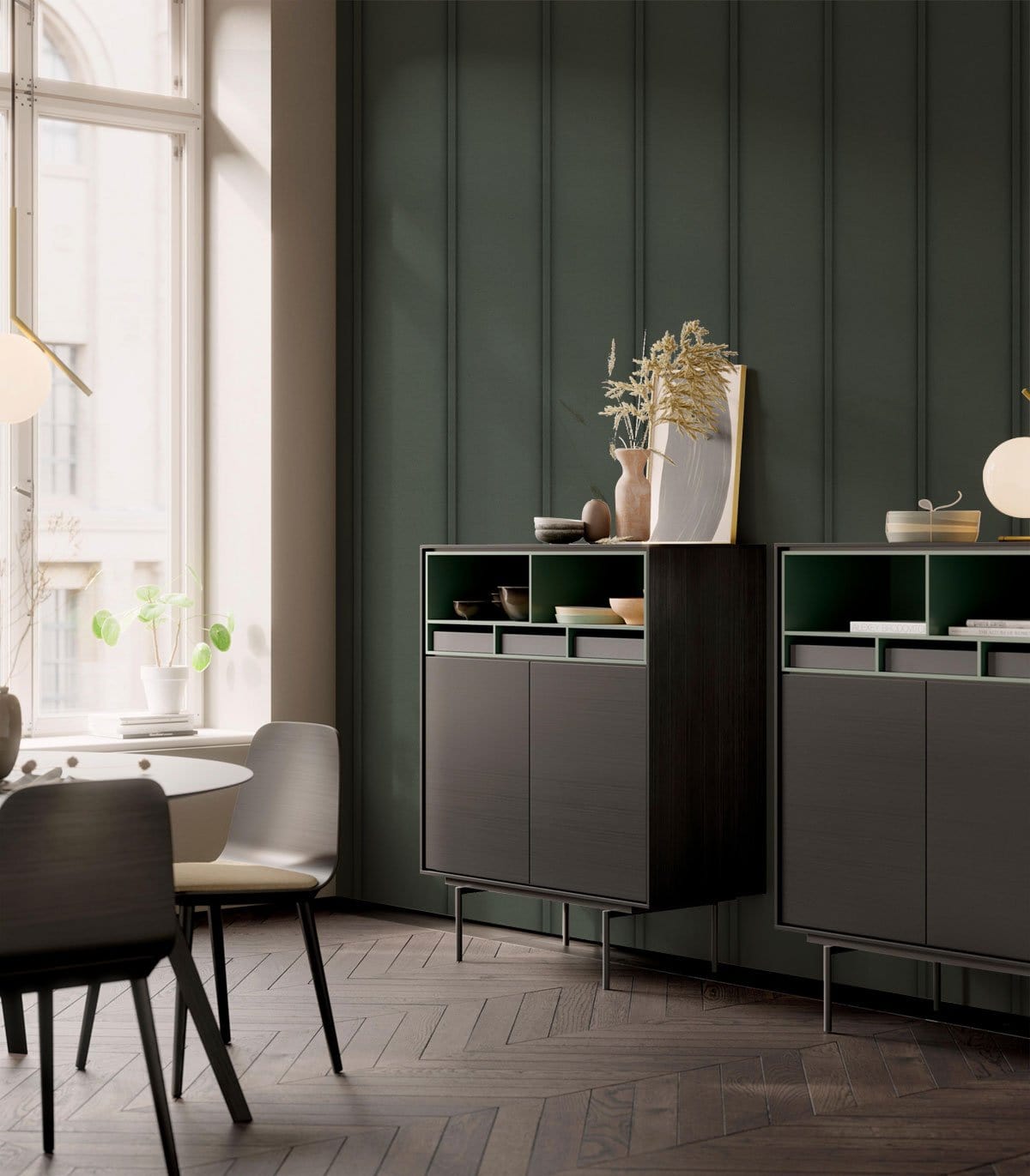 Elegant charcoal vertical stripe wallpaper in modern dining room with dark cabinets, herringbone wooden flooring.