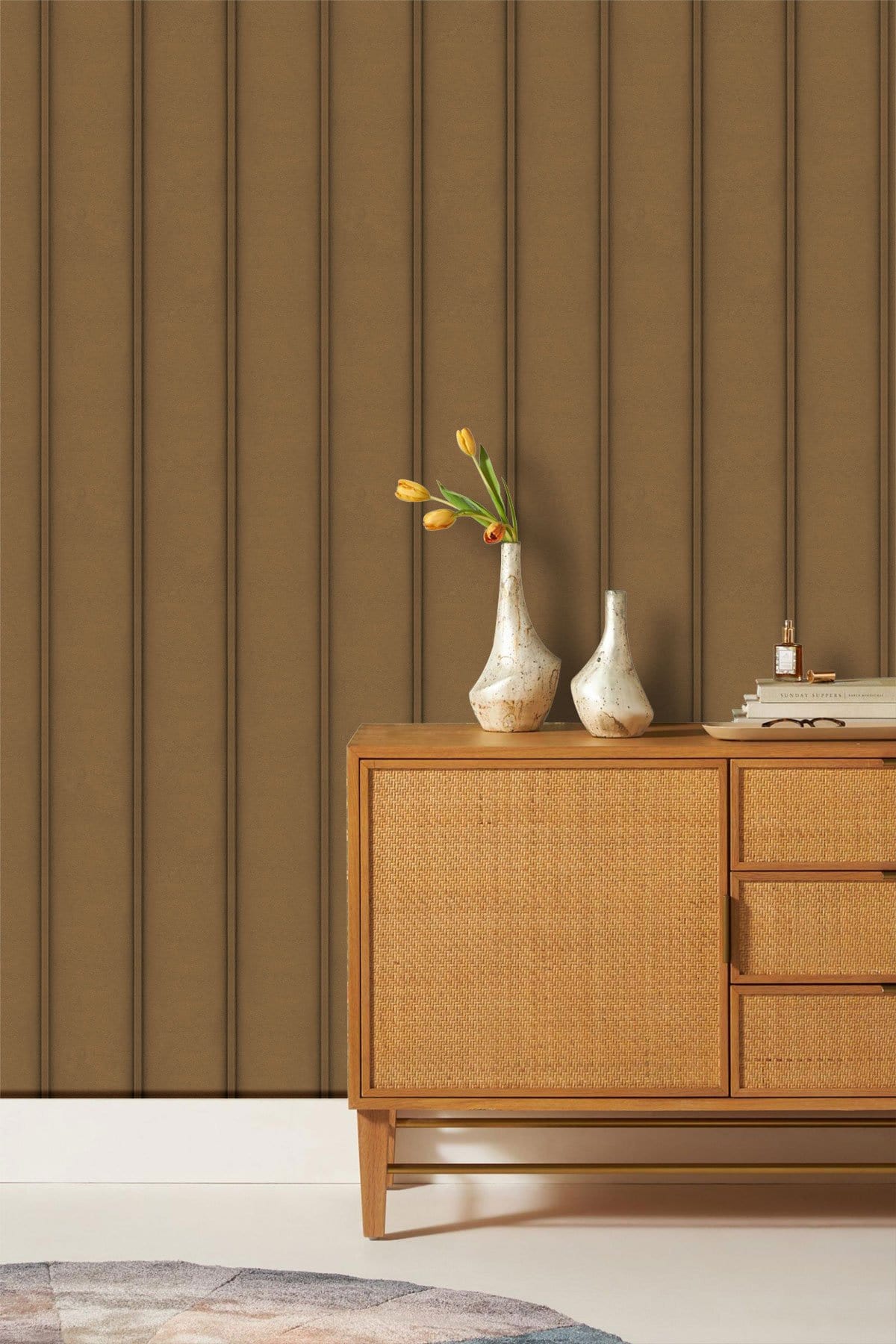 Elegant vertical stripe brown mural wallpaper, wooden sideboard, neutral flooring in modern living room design.