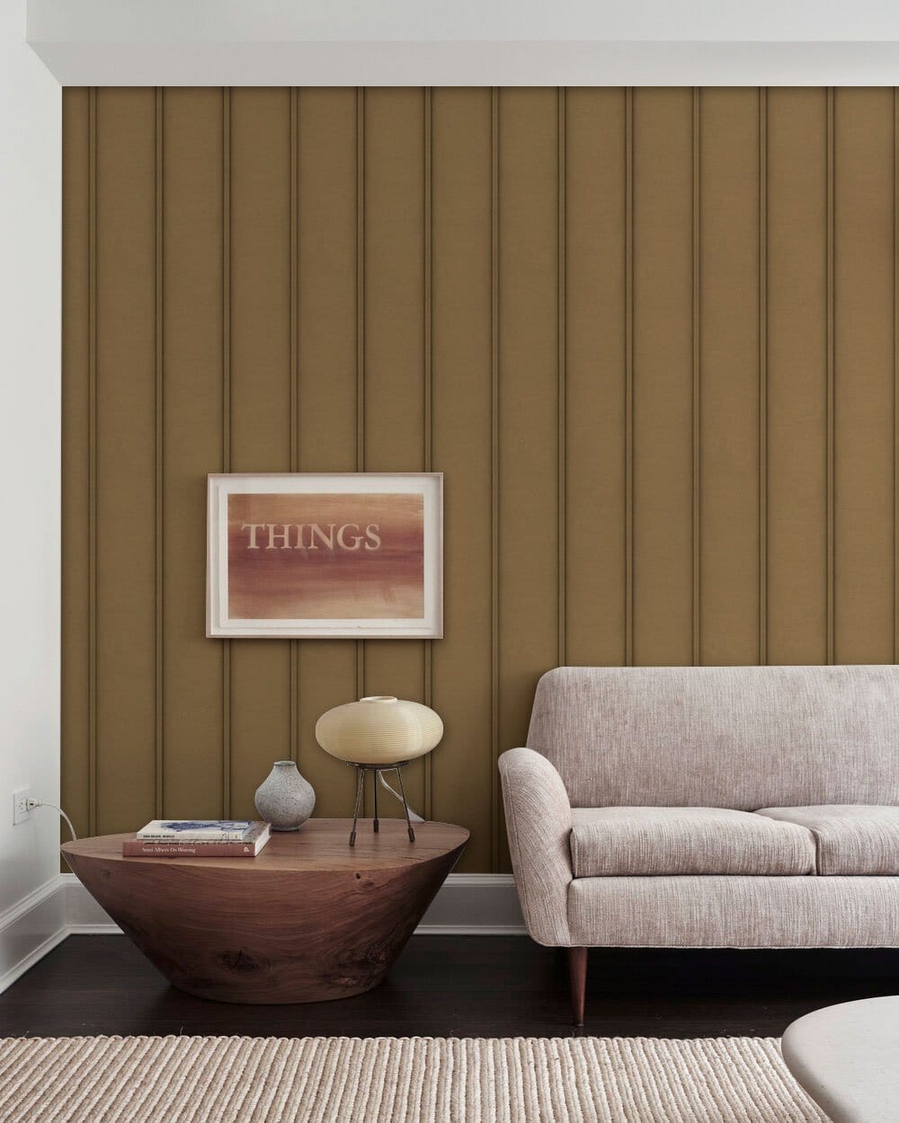 Elegant vertical stripe brown mural wallpaper, beige sofa, wooden table, modern living room setting.