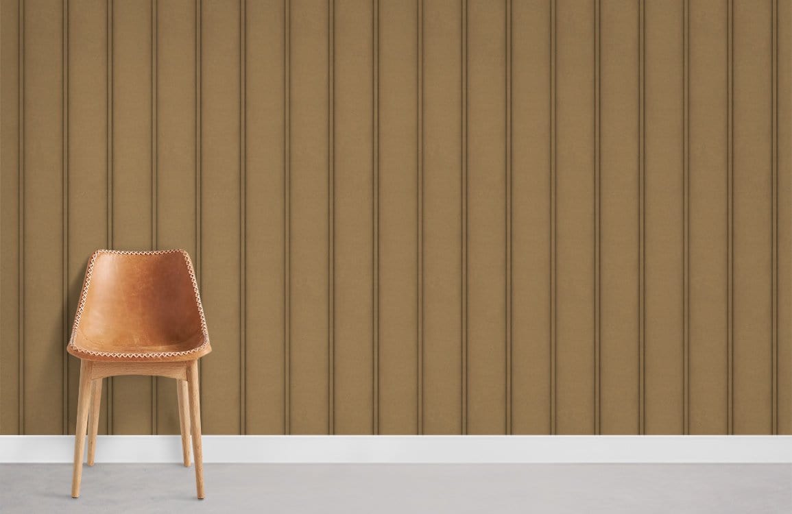Elegant Vertical Stripe Brown Mural Wallpaper in modern room with brown leather chair, concrete flooring.