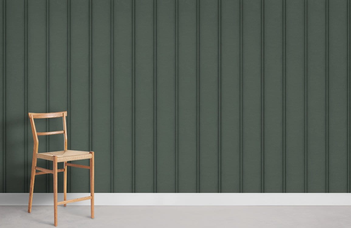 Elegant charcoal vertical stripe wallpaper in modern minimalistic interior design with wooden chair, grey flooring.