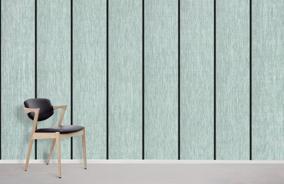 Elegant aqua vertical stripes wallpaper, minimalist modern style, with black chair and grey flooring.
