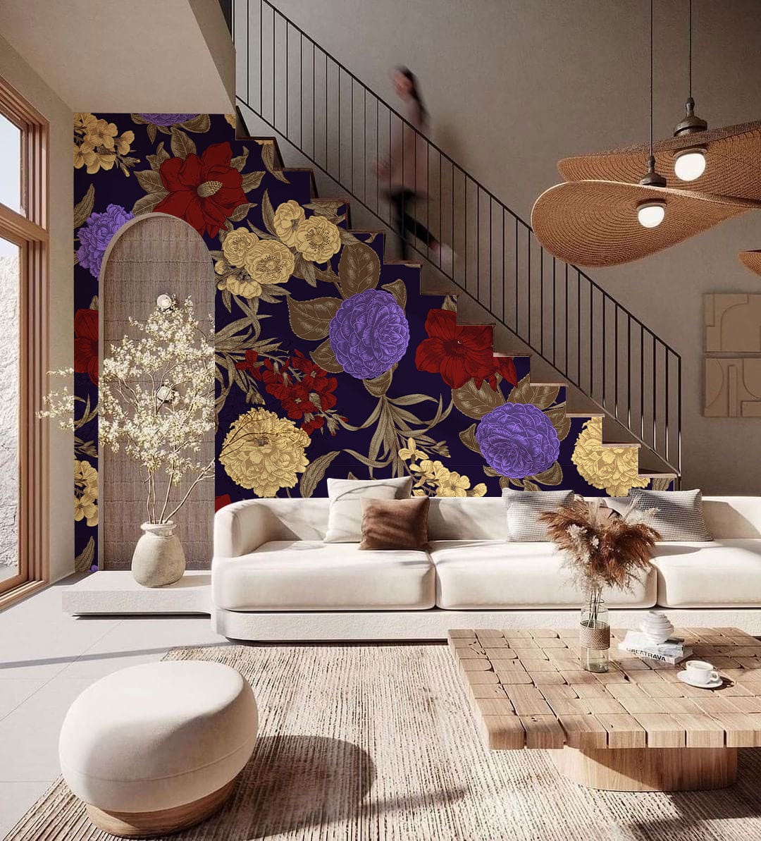 Vintage Floral Bliss wallpaper featuring rich red, purple, and gold pattern in stylish living room.