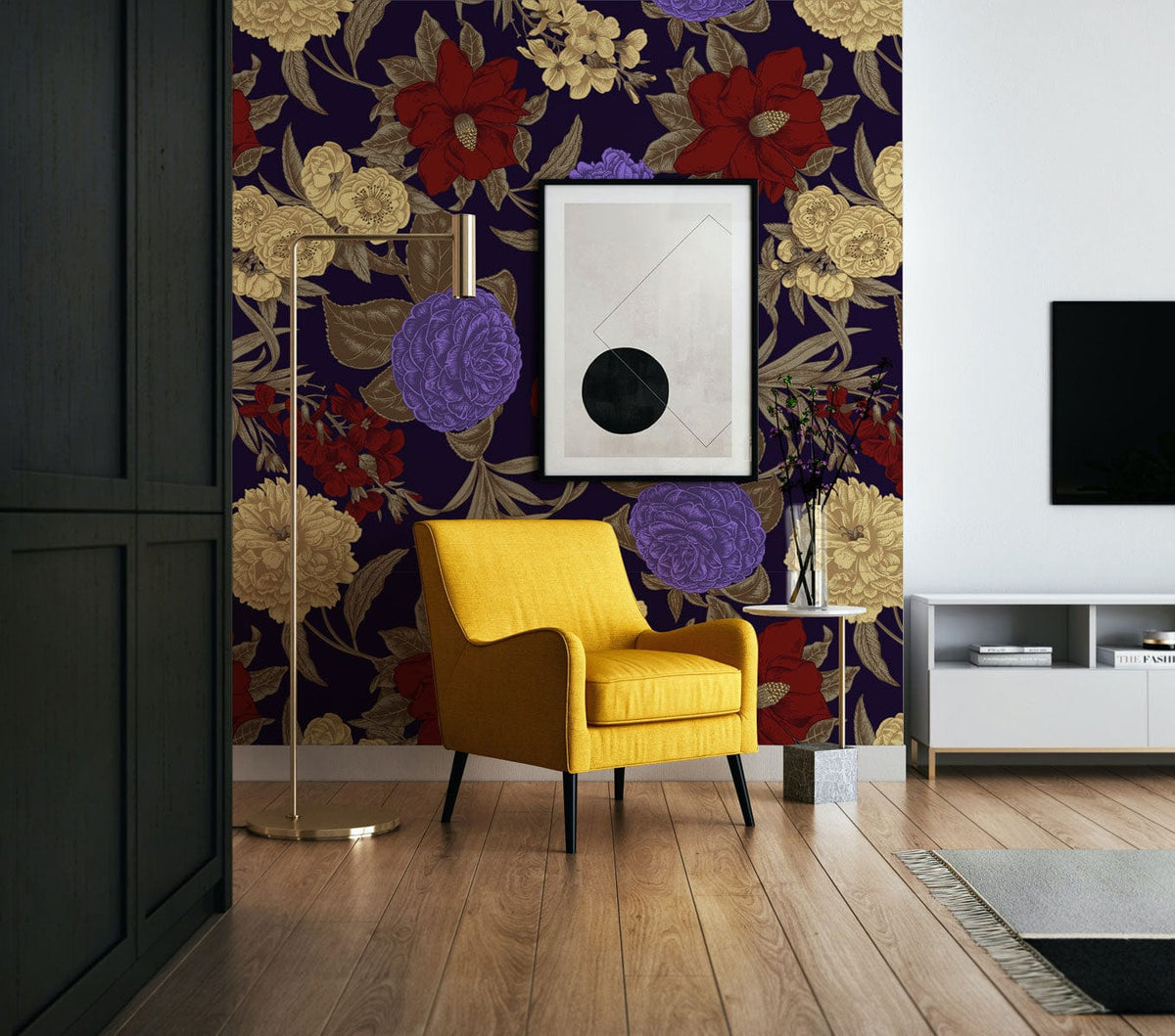 Vintage Floral Bliss Wallpaper, rich red, purple, gold; mid-century yellow armchair; modern living room.