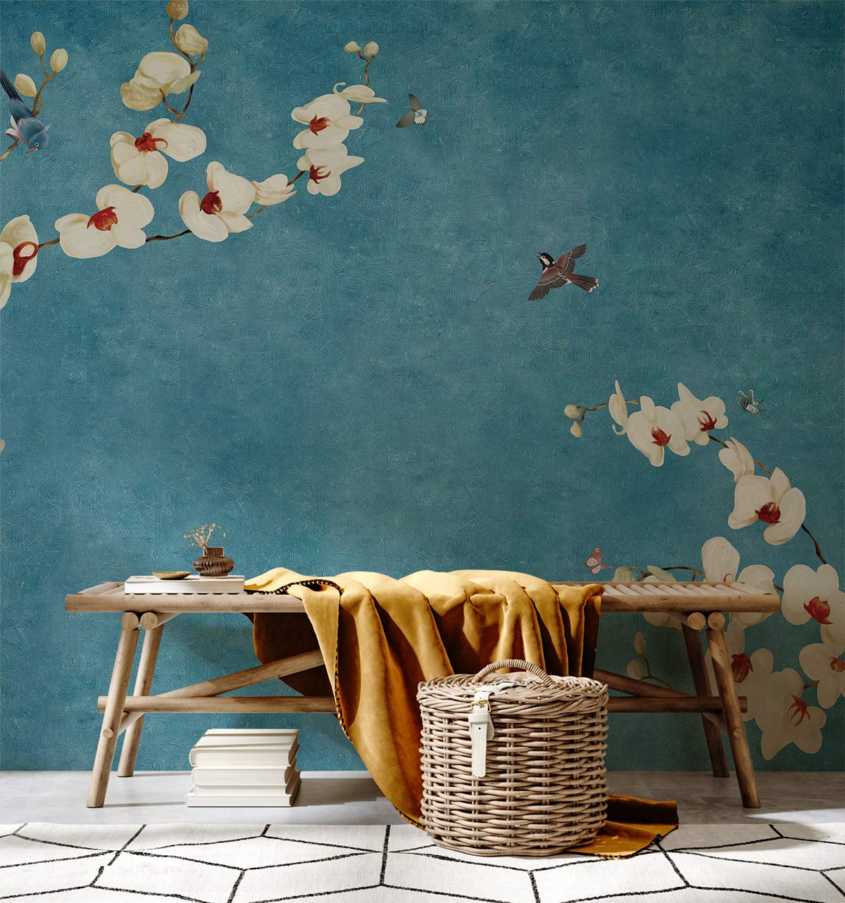 Orchid Blossom Blue Chinoiserie wallpaper in living room with wooden bench, geometric rug, basket.