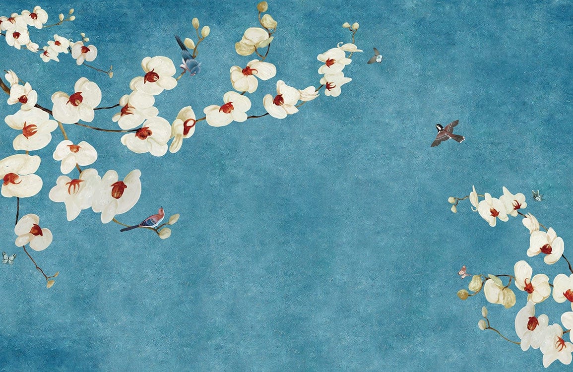 Orchid Blossom Blue Vintage Chinoiserie Mural Wallpaper with Birds Elegance