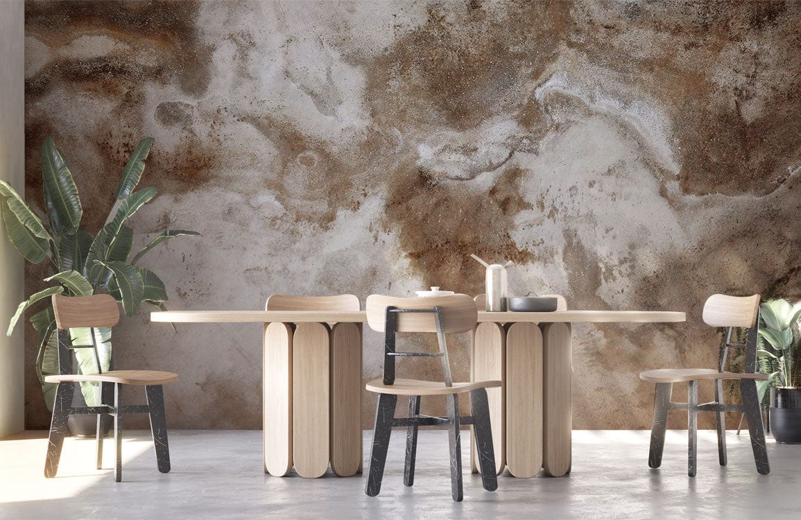 Earthy textured abstract mural wallpaper in rustic brown tones, dining room, light wooden table, chairs.