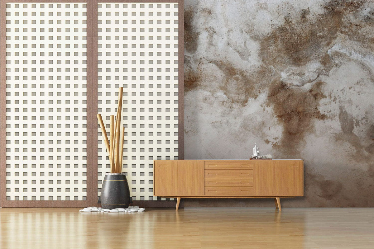 Earthy textured mural wallpaper in rustic brown tones with wooden sideboard in spacious living room.
