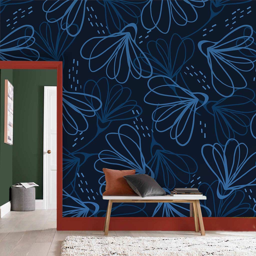 Midnight Blue Floral Elegance Wallpaper in modern living room with a contemporary grey sofa and rug.