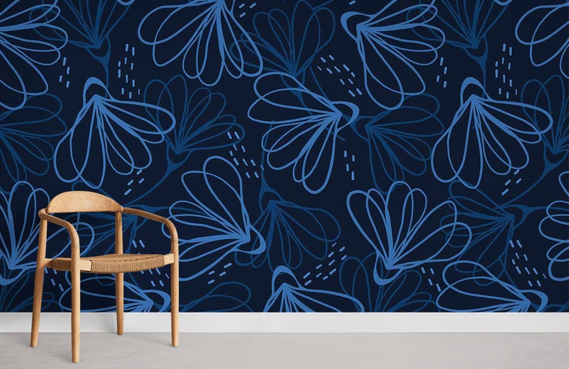 Midnight Blue Floral Elegance wallpaper with modern botanical patterns, wooden chair, grey flooring. UK.
