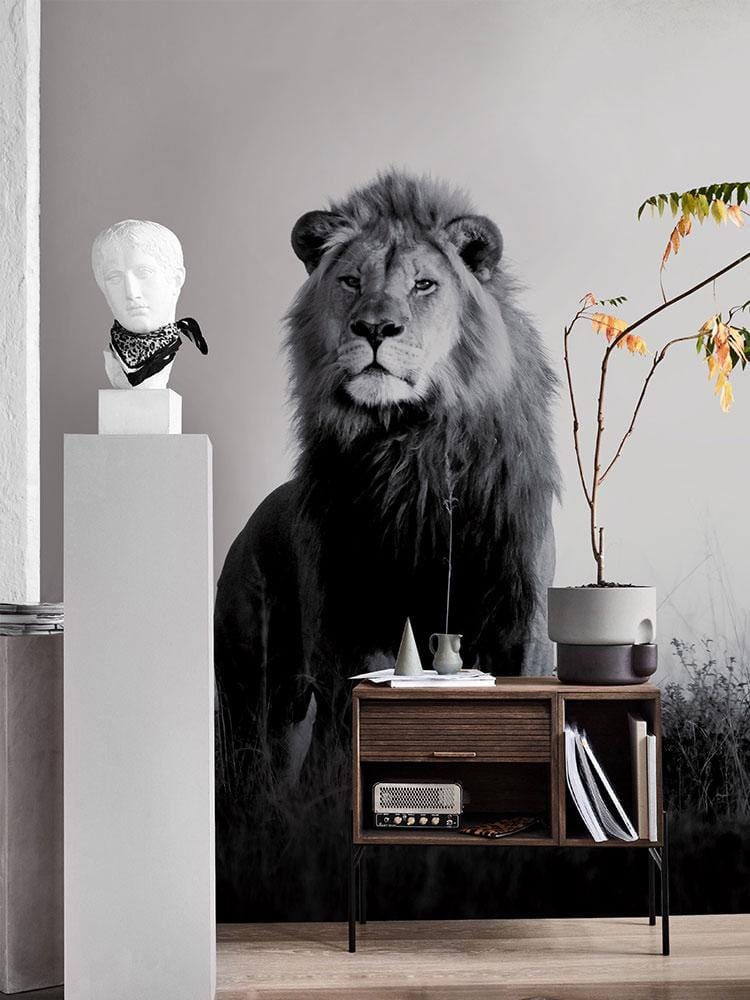 Monochrome Majestic Lion Safari mural, modern grey living room, wooden flooring, elegant pedestal statue display.