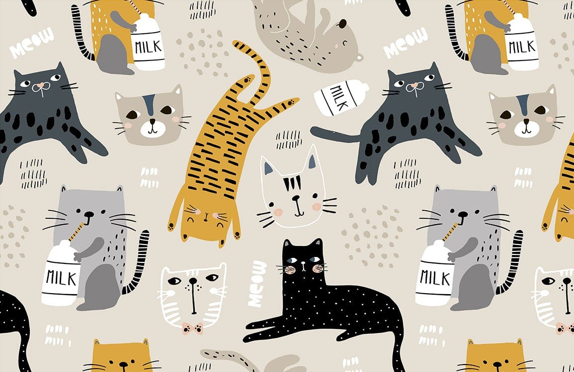 Playful Cats Cream Background Kids Mural Wallpaper with Milk Bottles Pattern