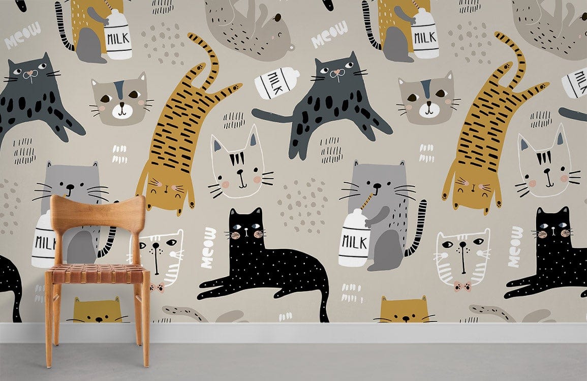 Playful Cats cream wallpaper with milk bottles, wooden chair, grey flooring in children's room setting.
