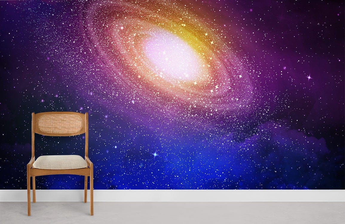 Stunning Cosmic Galaxy mural wallpaper, vibrant purple and blue, wooden chair, minimalist room, grey floor.
