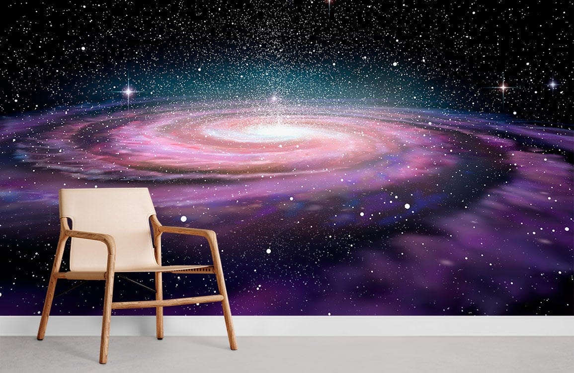 Stellar Galaxy Spiral Cosmic Mural Wallpaper - Purple and Black; light wooden chair, grey floor.