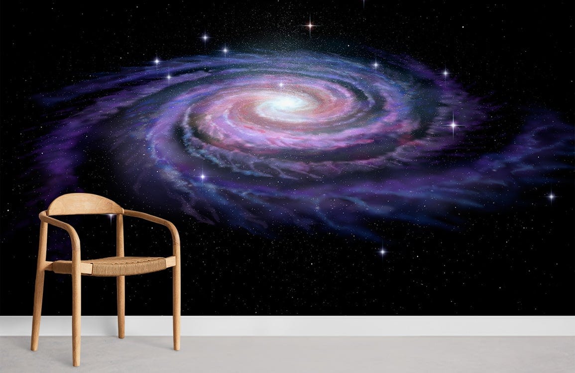 Majestic purple galaxy wallpaper with a wooden chair, complementing minimalist decor; cosmic spiral theme.