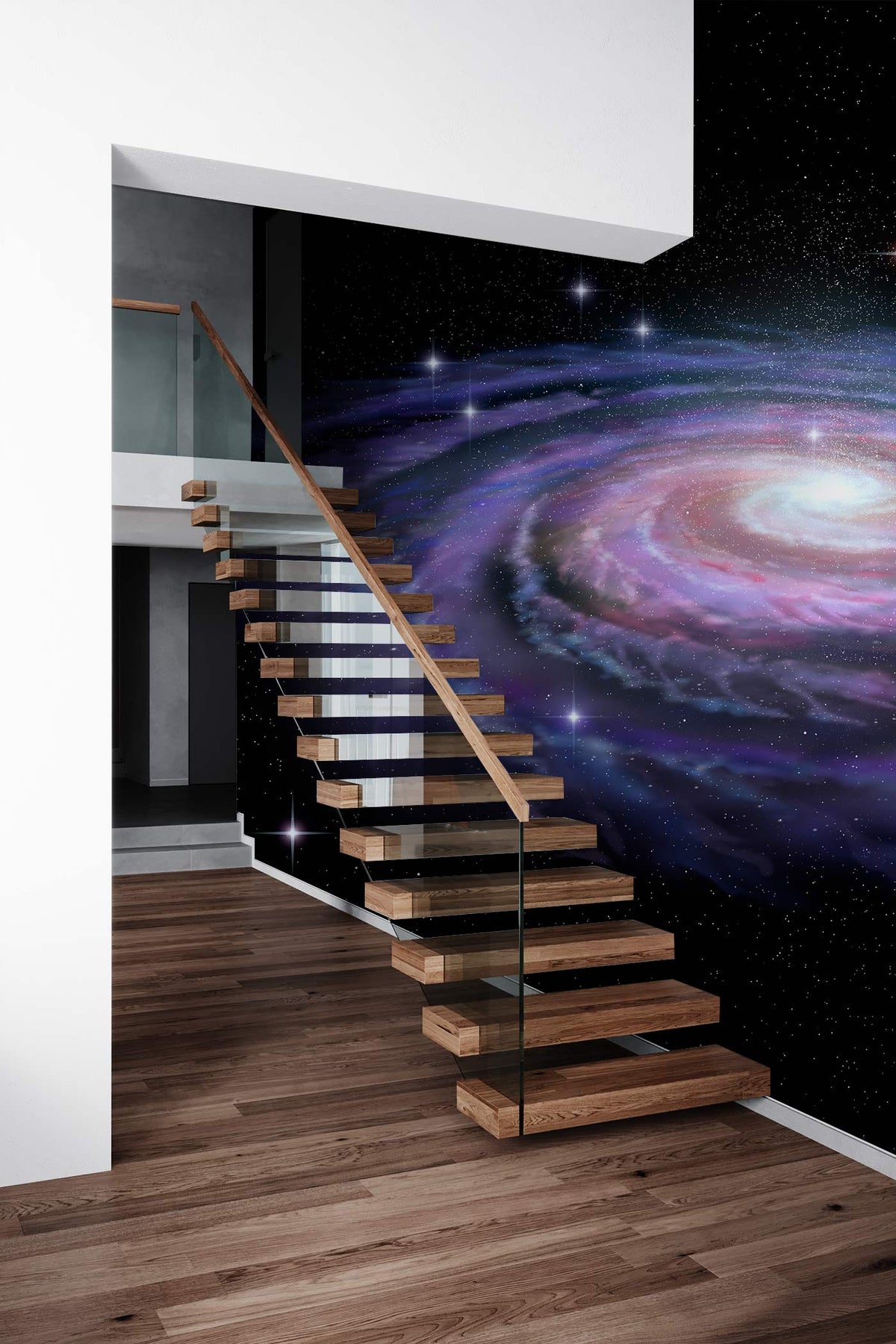 Cosmic Spiral Mural Wallpaper in stairwell with wooden floating staircase, glass railing, and hardwood flooring.