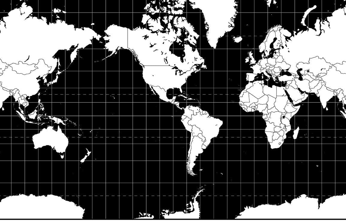 Monochrome World Map Mural Wallpaper: Chic Black and White Design