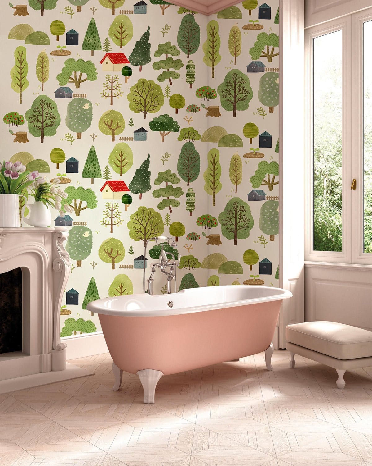 Rustic Woodland Wallpaper in bathroom with pink bathtub, beige herringbone flooring, white mantel.