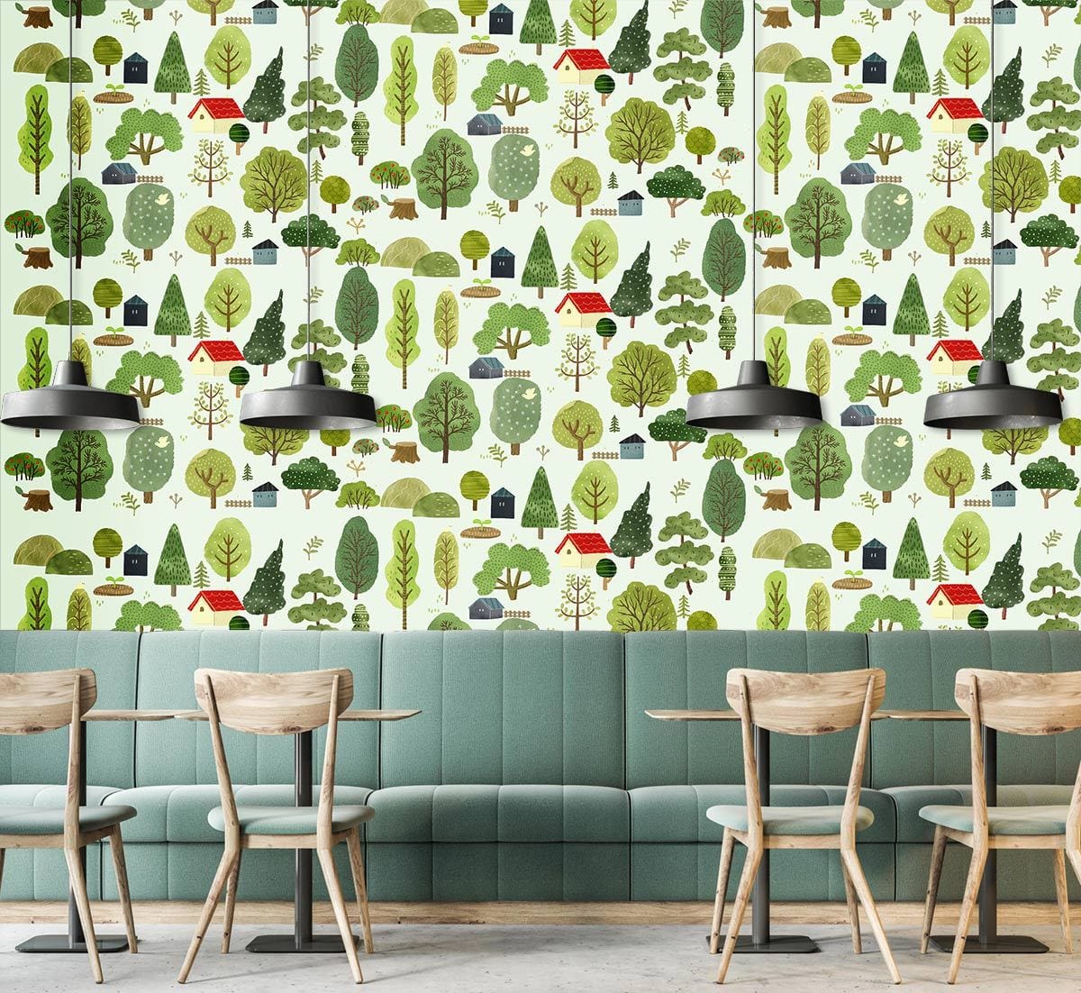 Rustic woodland wallpaper in green-red tones, cafe setting, teal sofa, wooden chairs, pendant lights.
