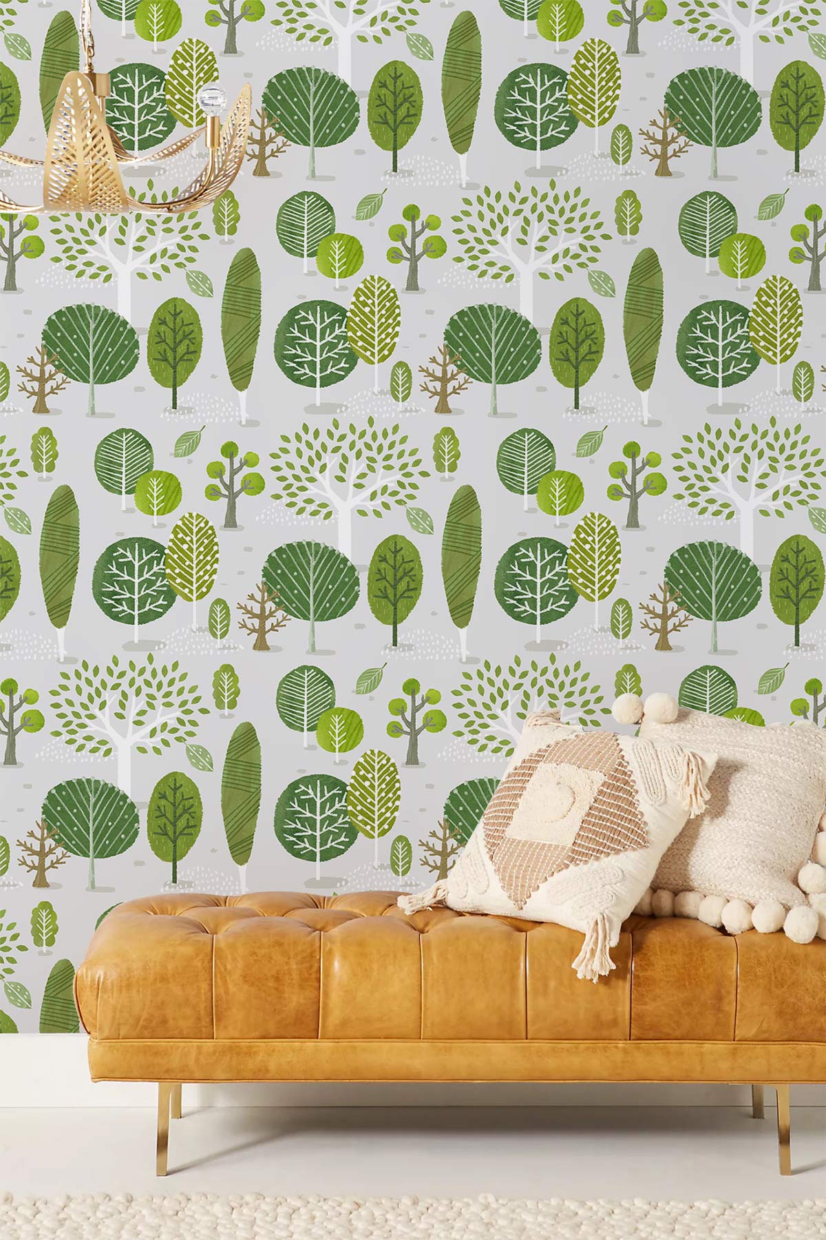 Eco-friendly green tree wallpaper with camel-coloured sofa, boho cushions, and modern lighting in living room.