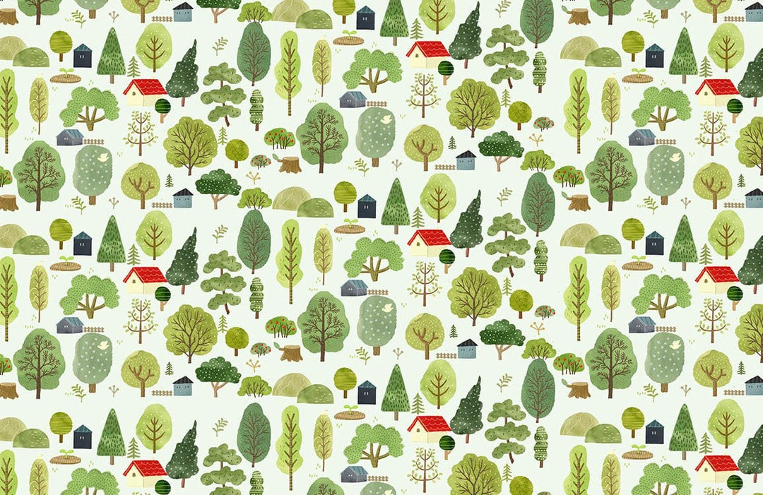 Rustic Woodland Village Scene Wallpaper in Green and Red Tones