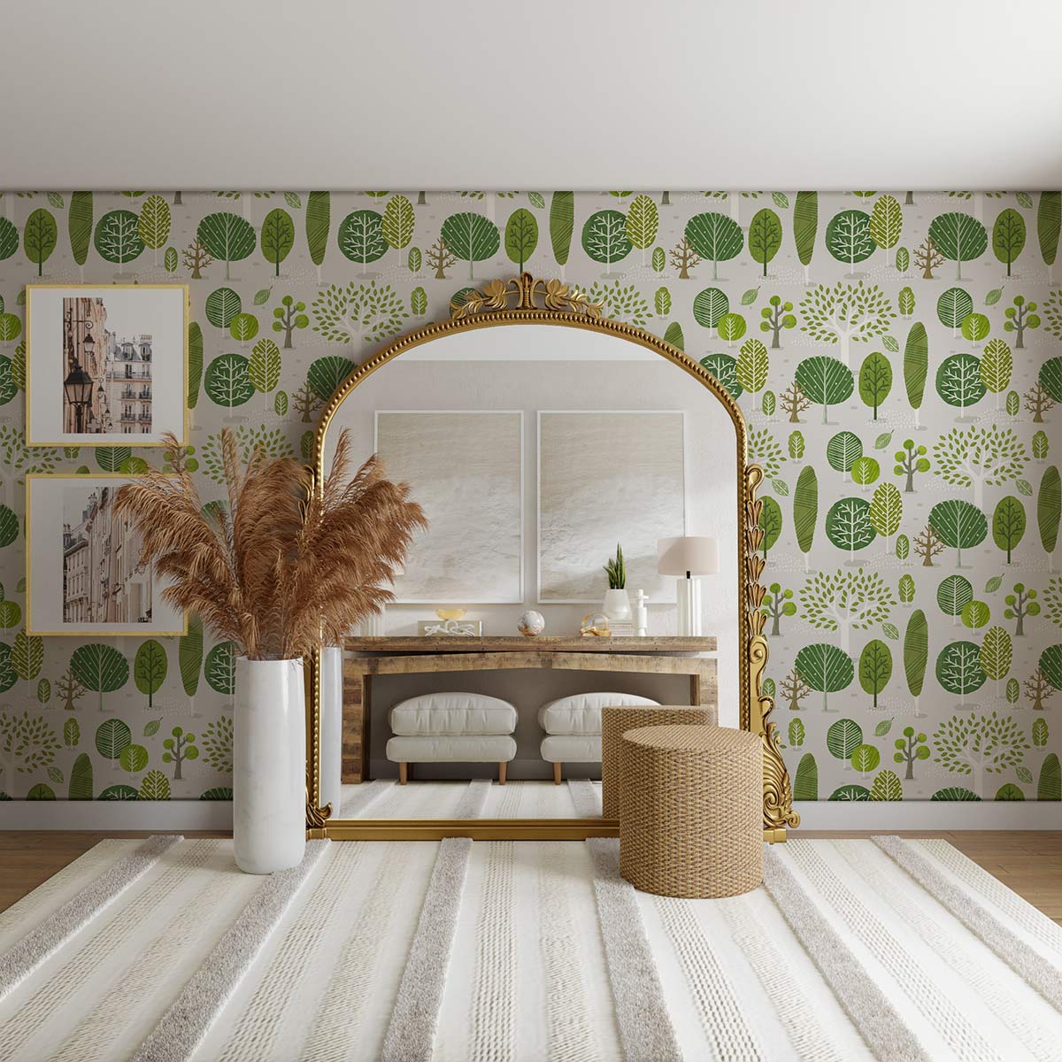 Eco-friendly green tree patterned wallpaper in living room with ornate mirror and striped carpet.