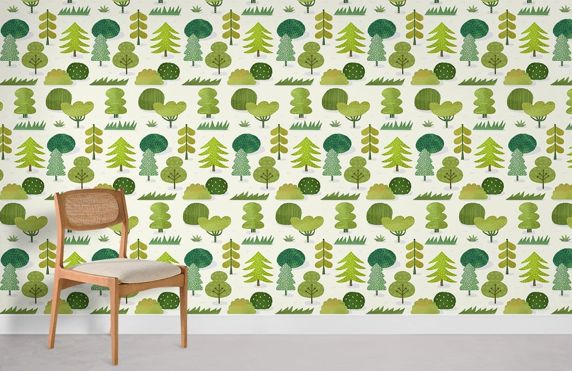 Whimsical Green Forest Pattern Wallpaper, wooden chair, modern decor, playful nature-inspired room design.