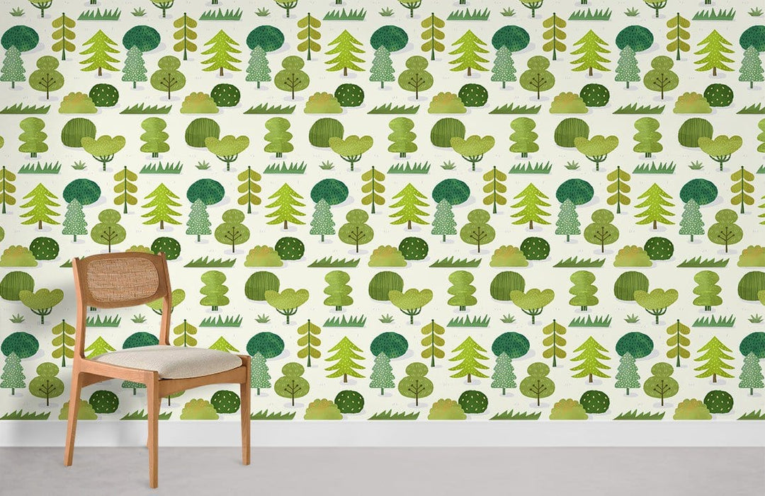 Whimsical Green Forest Pattern Wallpaper, wooden chair, modern decor, playful nature-inspired room design.