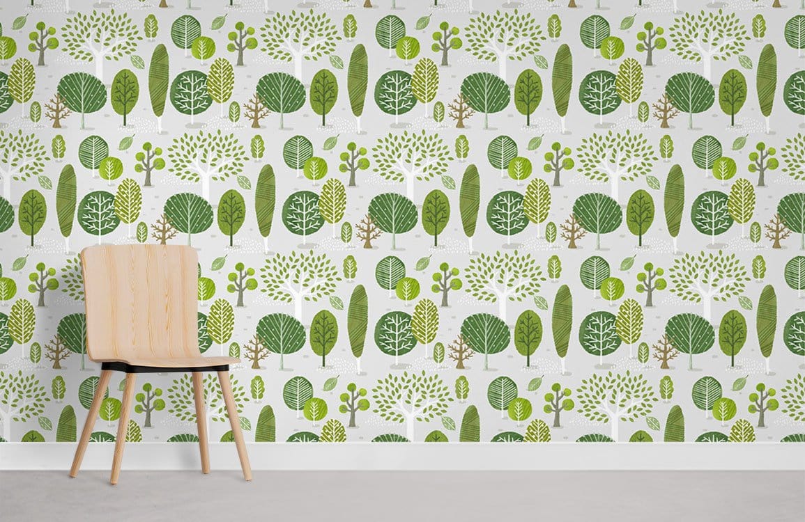 Eco-friendly tree-patterned wallpaper in modern room, light wood chair, grey floor, nature-inspired design.