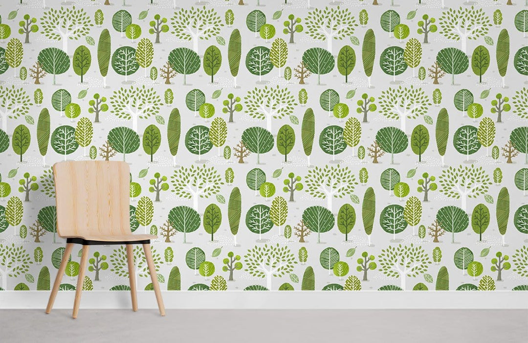 Eco-friendly tree-patterned wallpaper in modern room, light wood chair, grey floor, nature-inspired design.