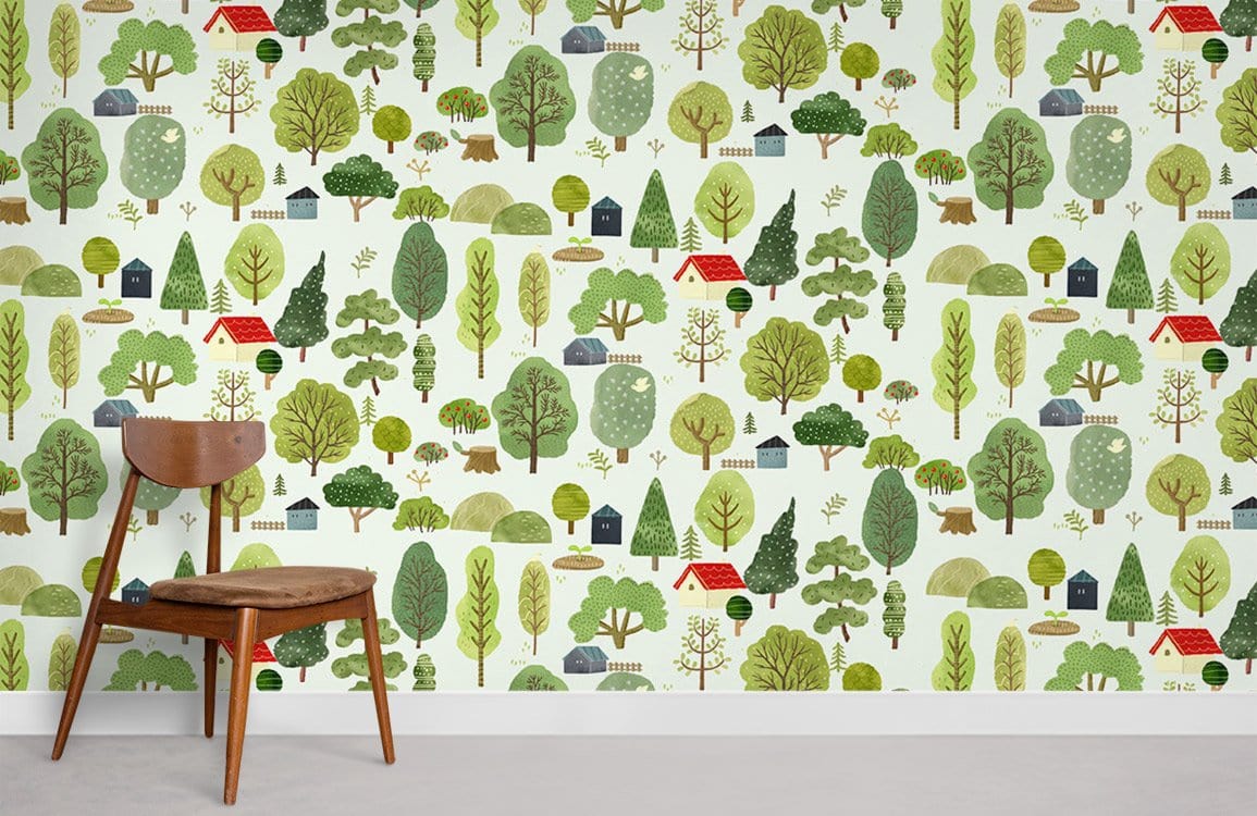 Rustic Woodland Scene Wallpaper, green tones, wood chair, plain floor, living room setting.