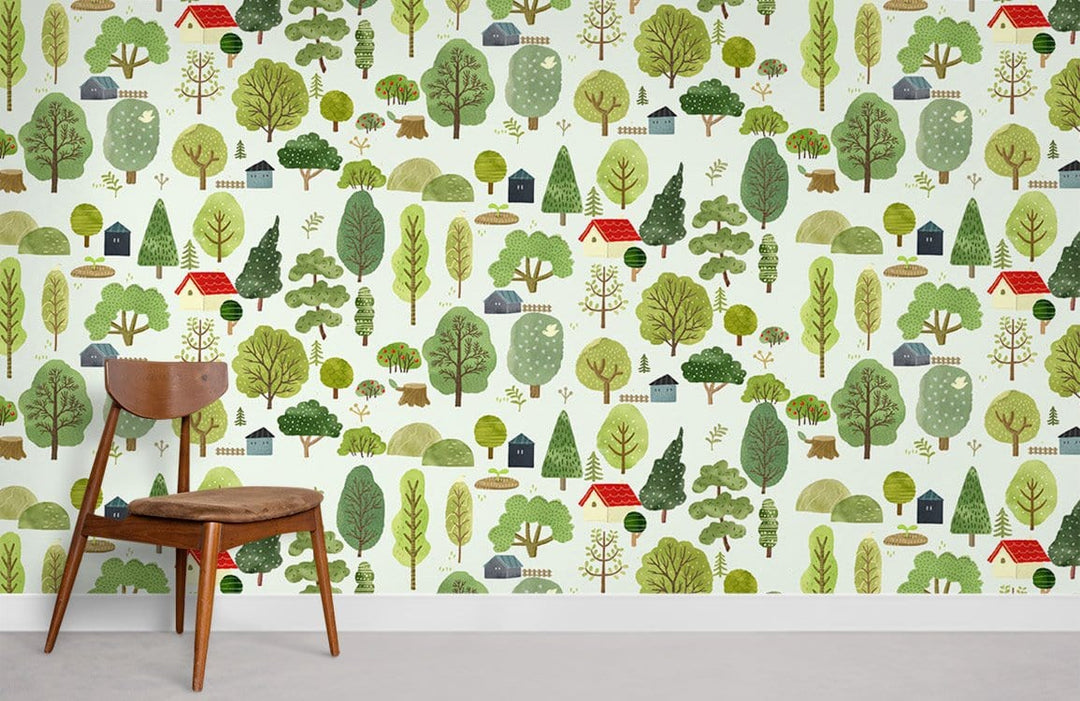 Rustic Woodland Scene Wallpaper, green tones, wood chair, plain floor, living room setting.