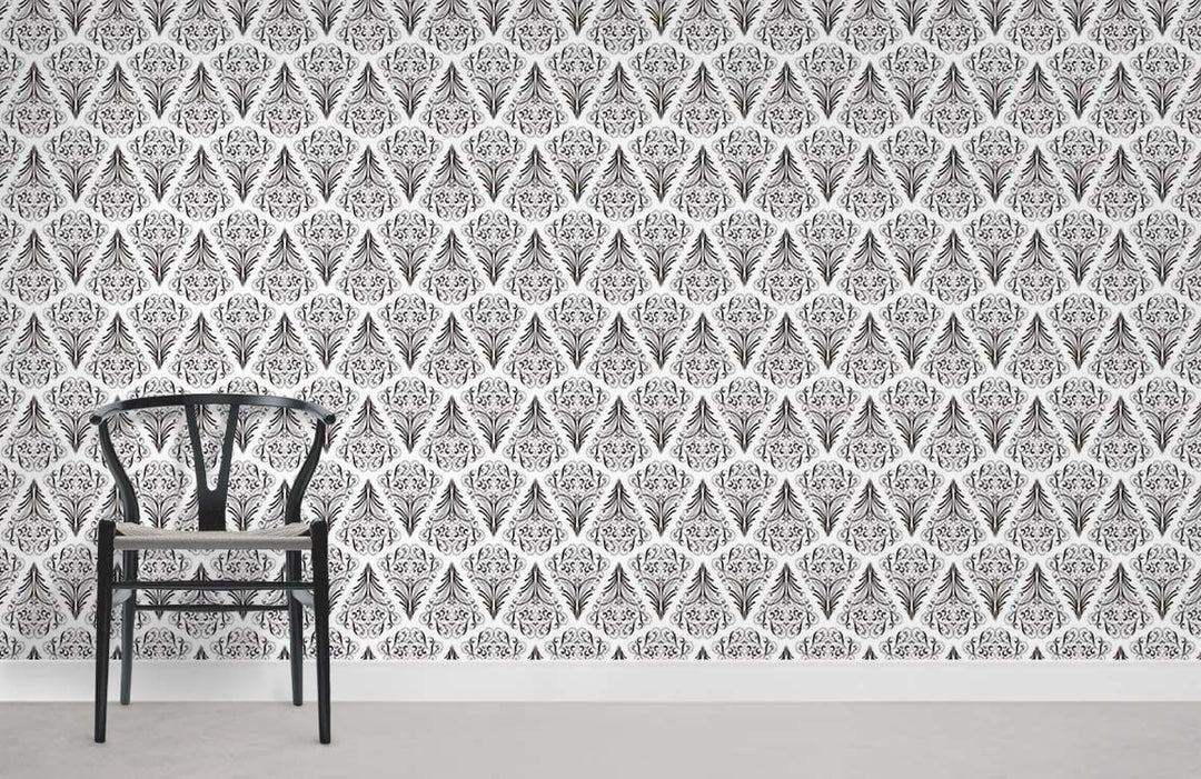 Monochrome geometric diamond wallpaper, modern minimalist design with black chair, grey flooring.