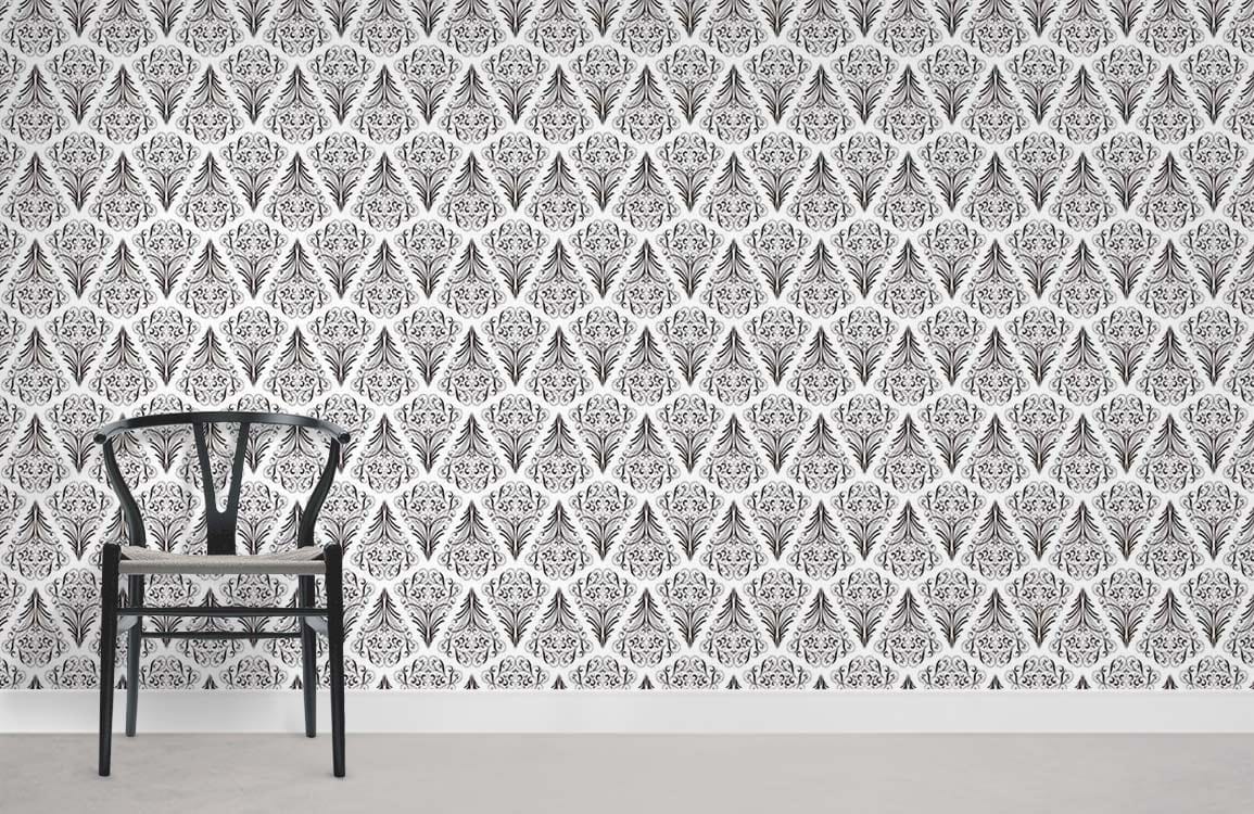 Monochrome geometric diamond wallpaper, modern minimalist design with black chair, grey flooring.