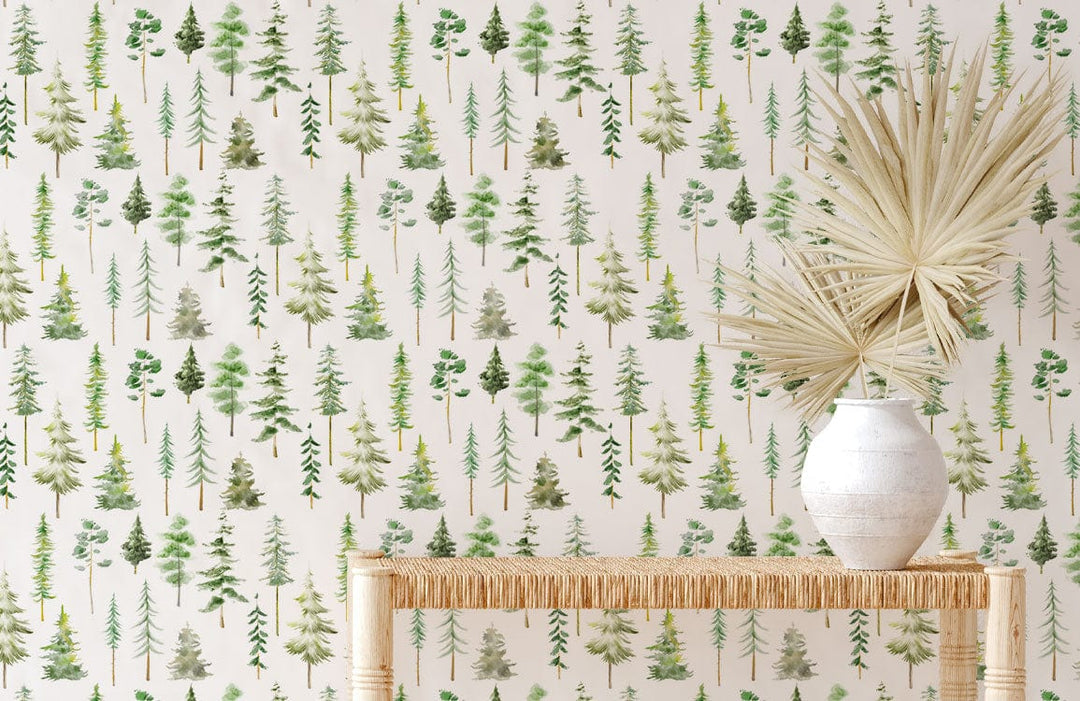 Tranquil Green Forest Wallpaper, modern room, wooden table, vase decor, nature-inspired interior design.